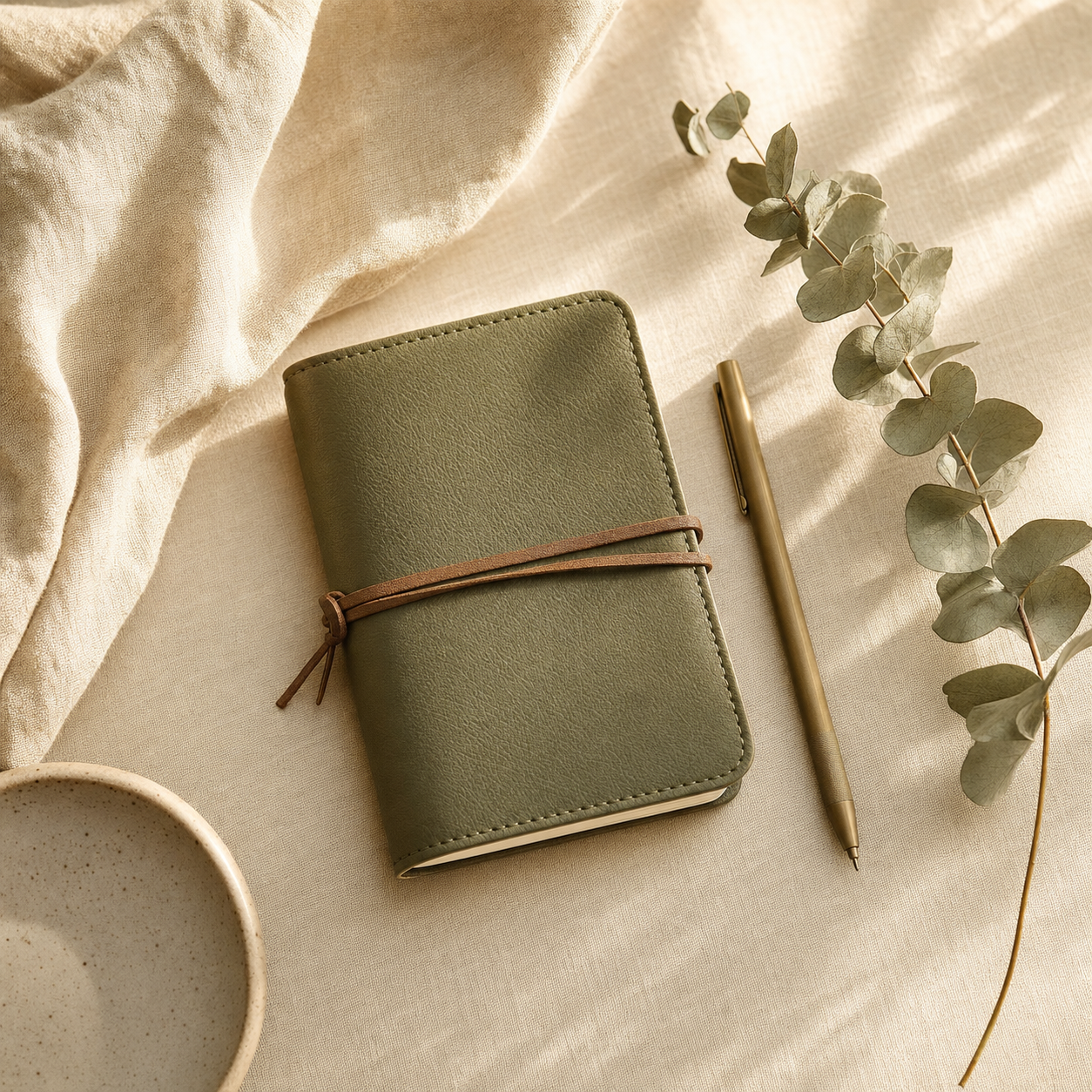 Leather journal, pen and eucalyptus on linen
