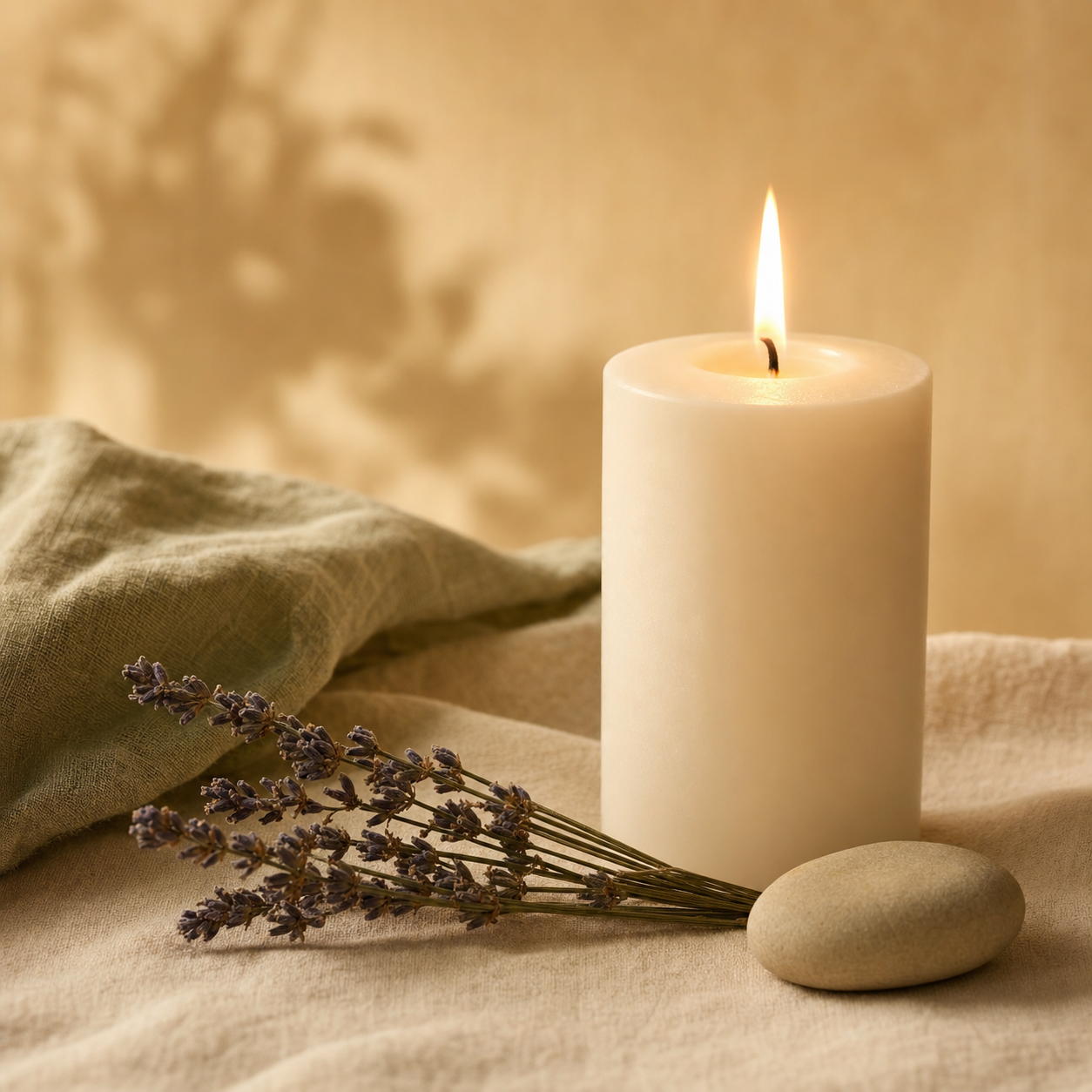 Candle, lavender and smooth stone on linen